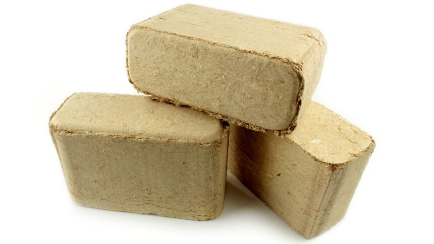 házilag készített brikettek fehér háttéren, alternatív tüzelőanyag