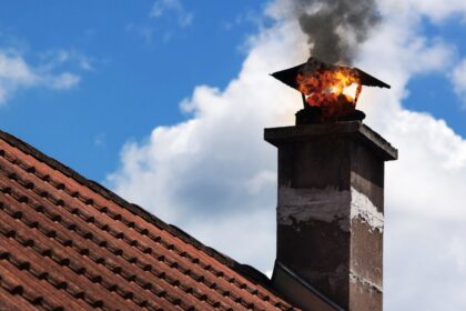 Kéménytűz egy lakóház tetején – a kéményből lángok és fekete füst csapnak ki