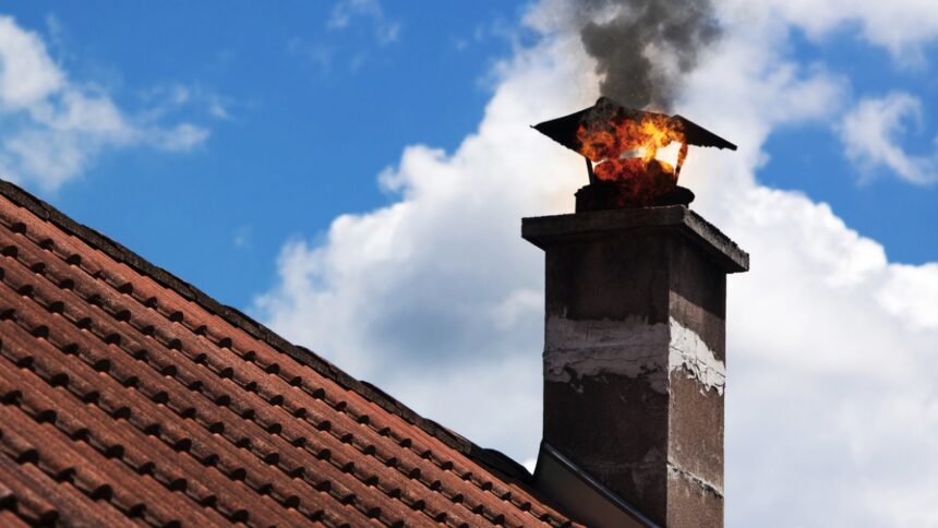 Kéménytűz egy lakóház tetején – a kéményből lángok és fekete füst csapnak ki