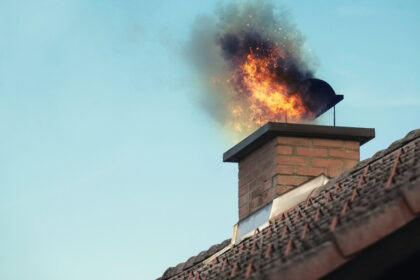 Kéménytűz kialakulása egy családi ház tetején
