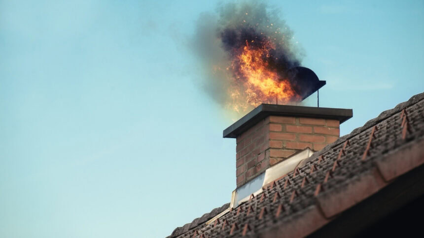 Kéménytűz kialakulása egy családi ház tetején